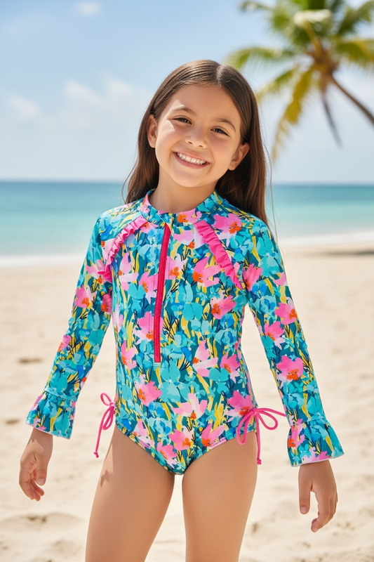 Pink & teal floral printed swimsuit w/front zipper. SWG60114 JEAN