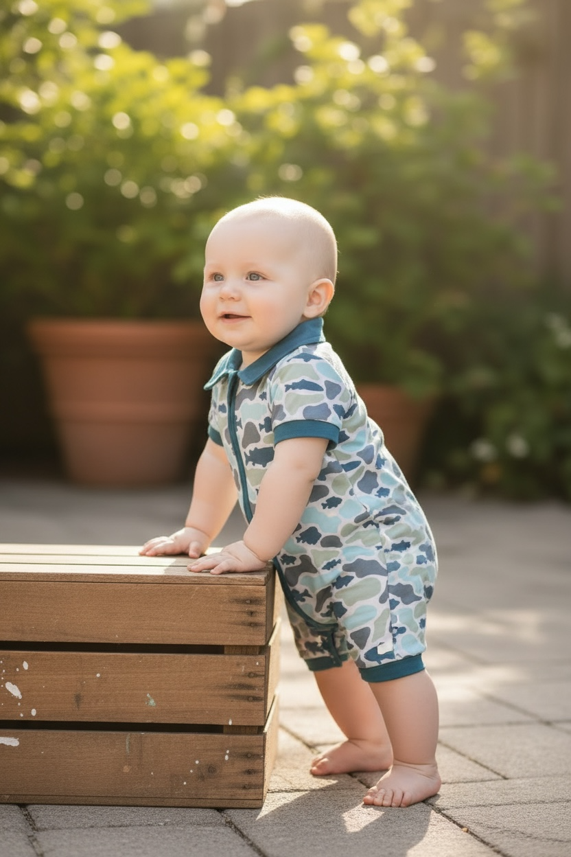 Camouflage printed boys baby romper with snaps. SR110610-AMY