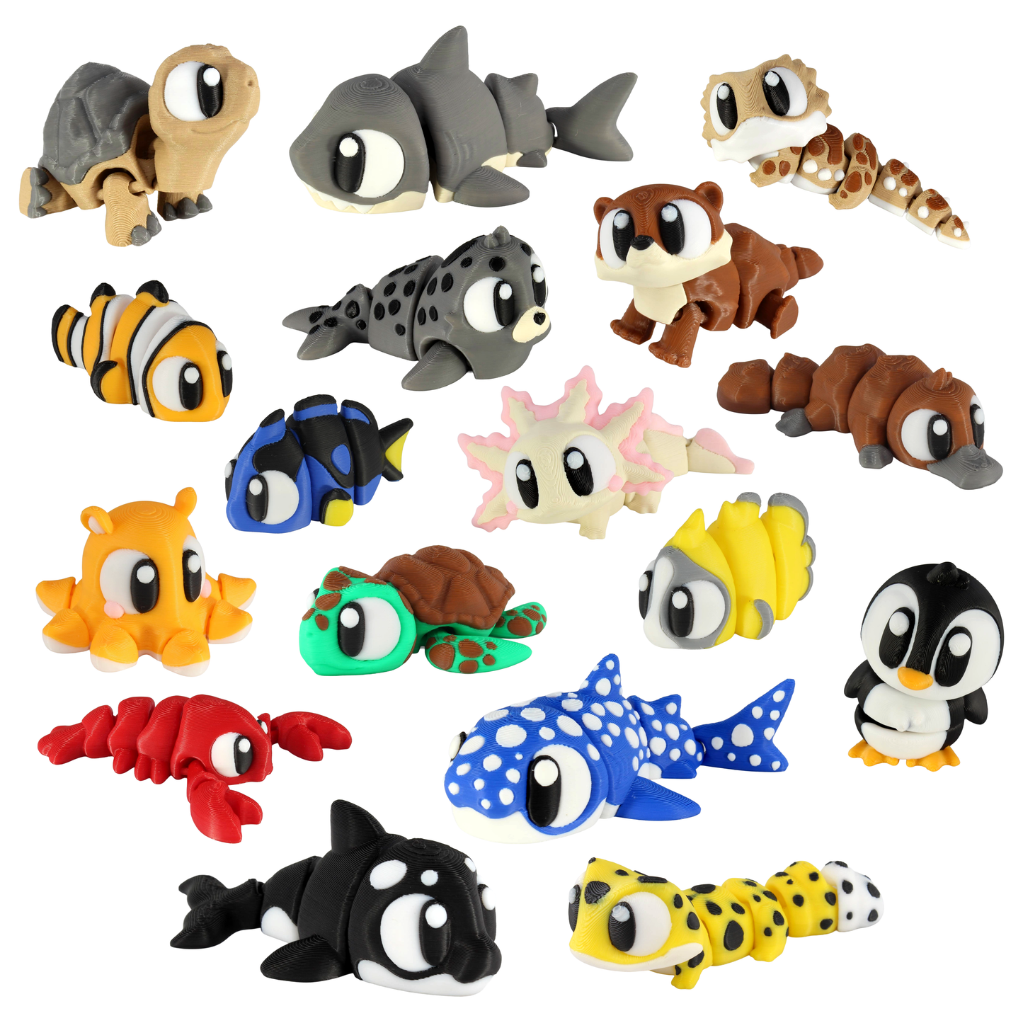 12 Pack Assorted 3D Printed Aquatic Animals w/ Free Stand