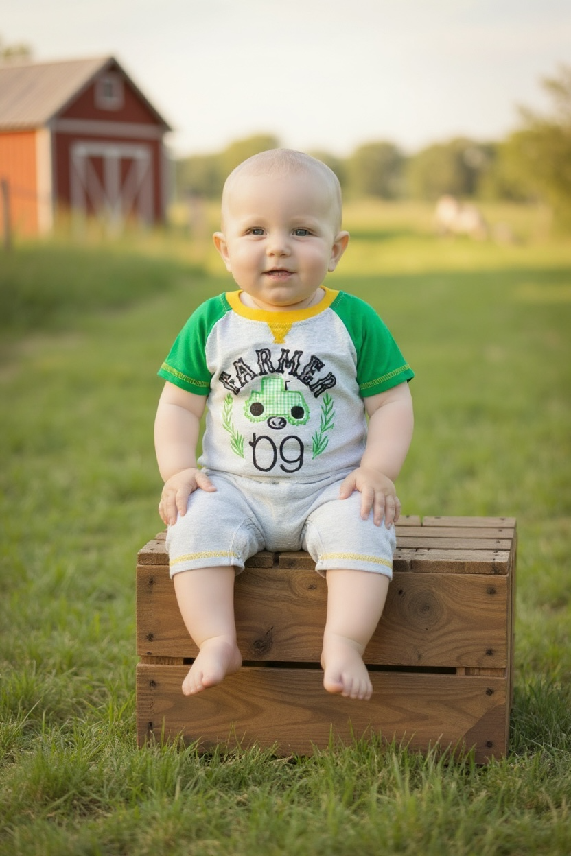 "Farmer Boy" Lt. gray baby romper w/green sleeve. RPB60087 AMY