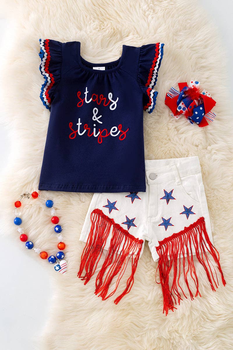 Stars & Stripes patriotic navy blue top & white denim shorts. OFG50593 SOL