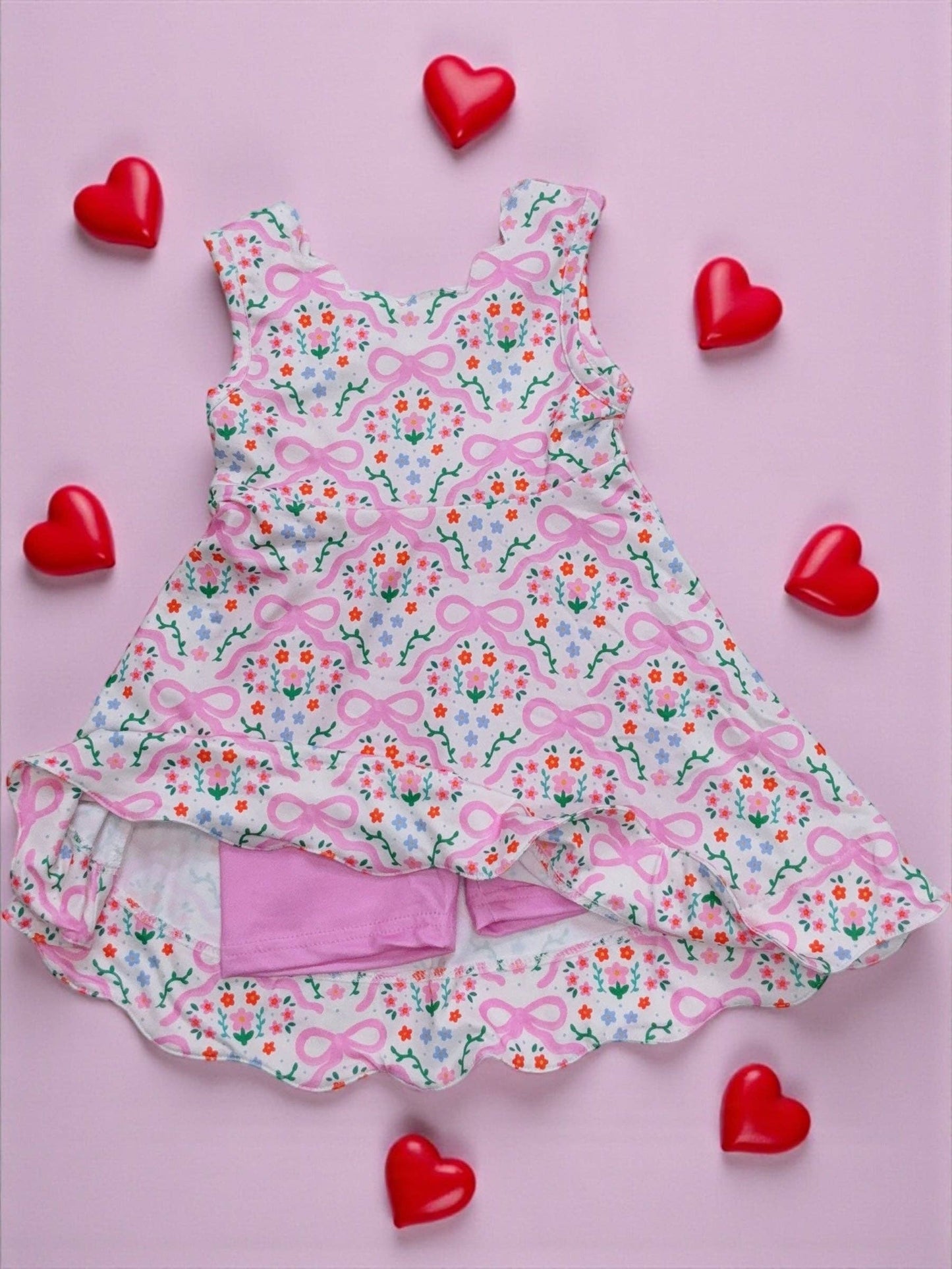 Coquette bow printed dress with scalloped hem & shorts. OFG60137 JEAN