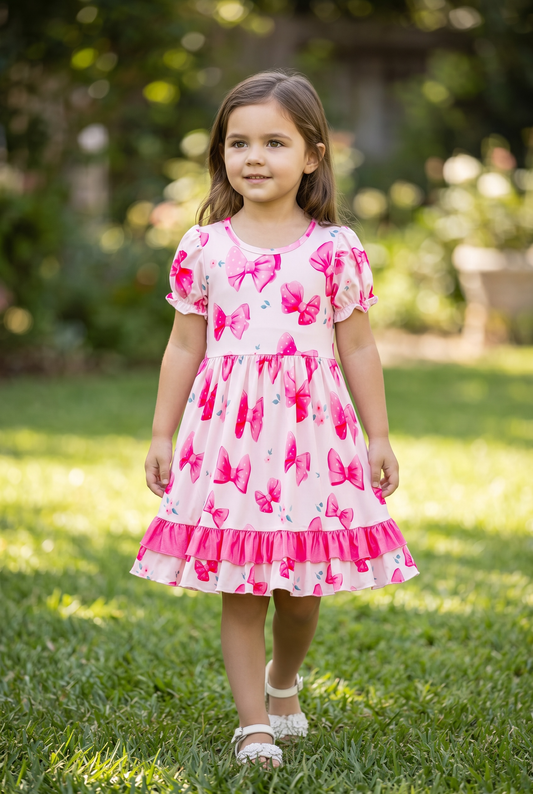 Bubble sleeve Coquette-Bow printed dress w/ruffle hem. DRG41230 AMY