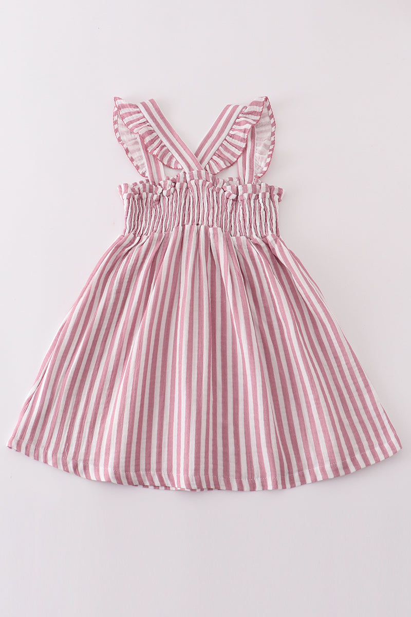 Premium Pink muslin stripe smocked ruffle dress