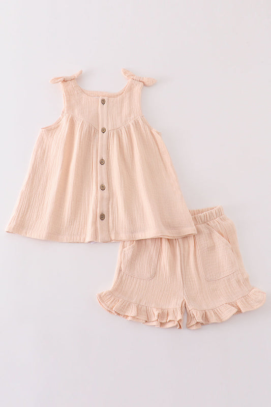 Premium Apricot muslin bow shorts set