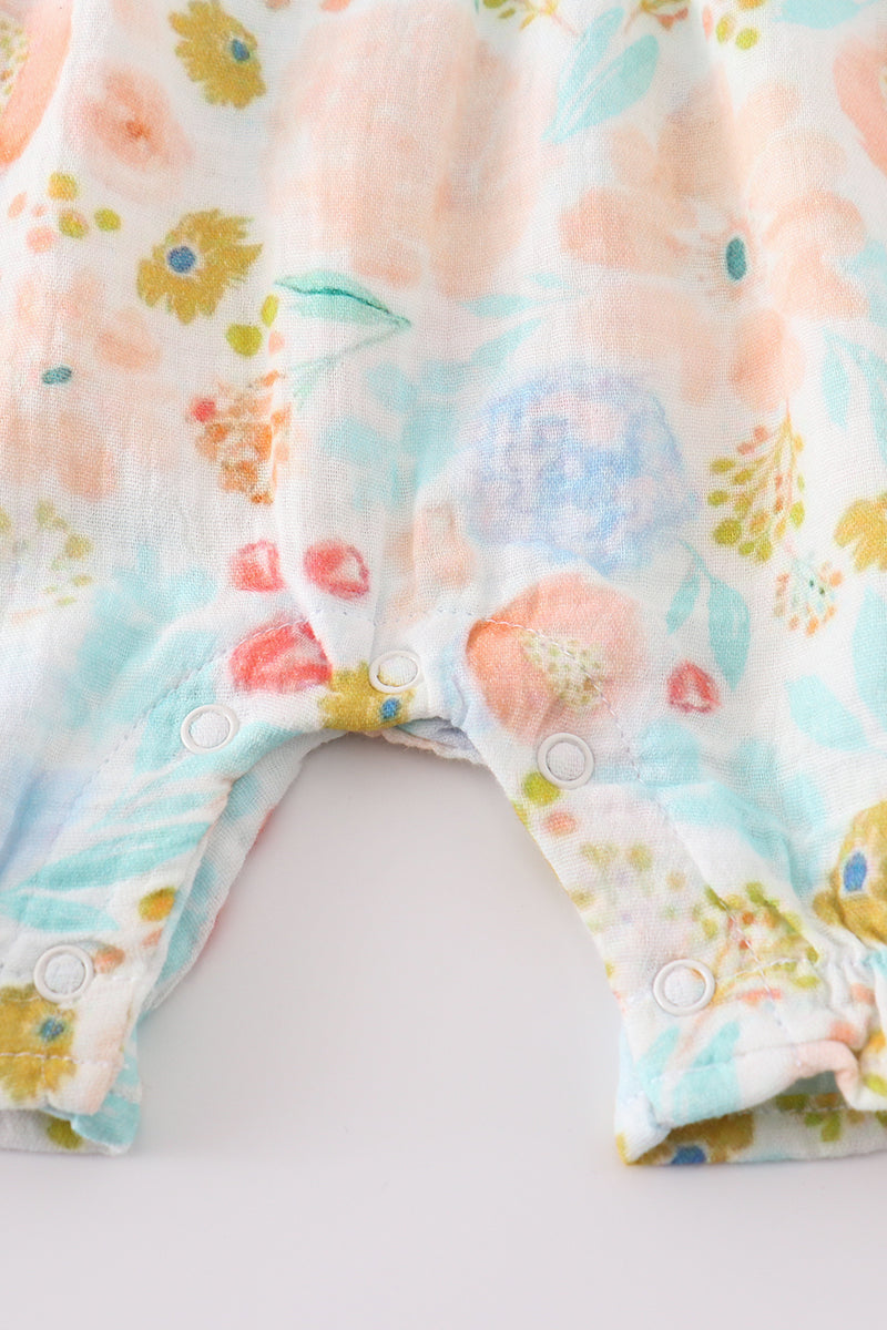 Premium Blue & pink muslin floral ruffle romper