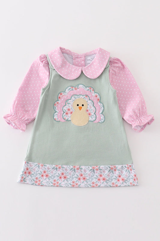 Premium Green turkey applique 2pc girl set