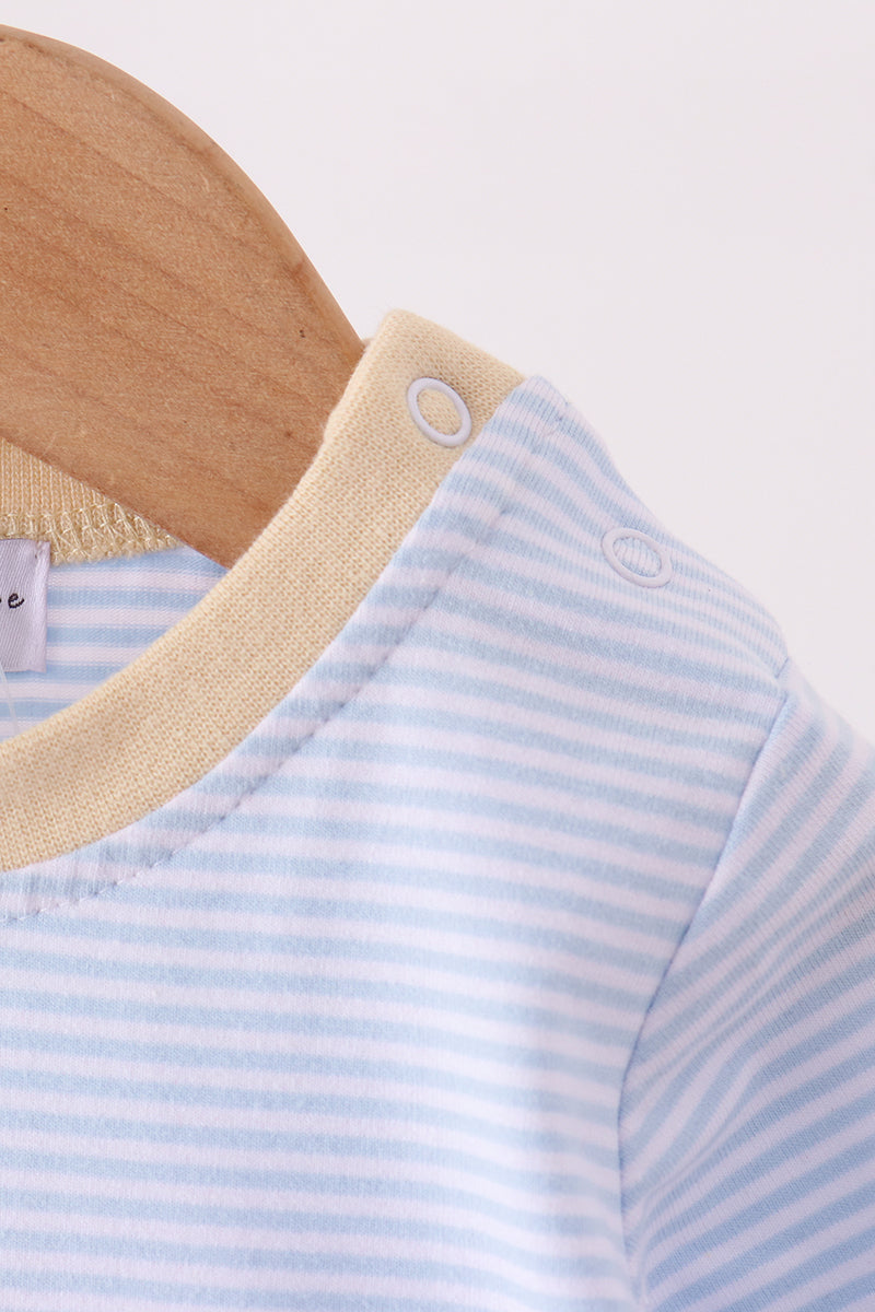 Blue turkey embroidery stripe romper