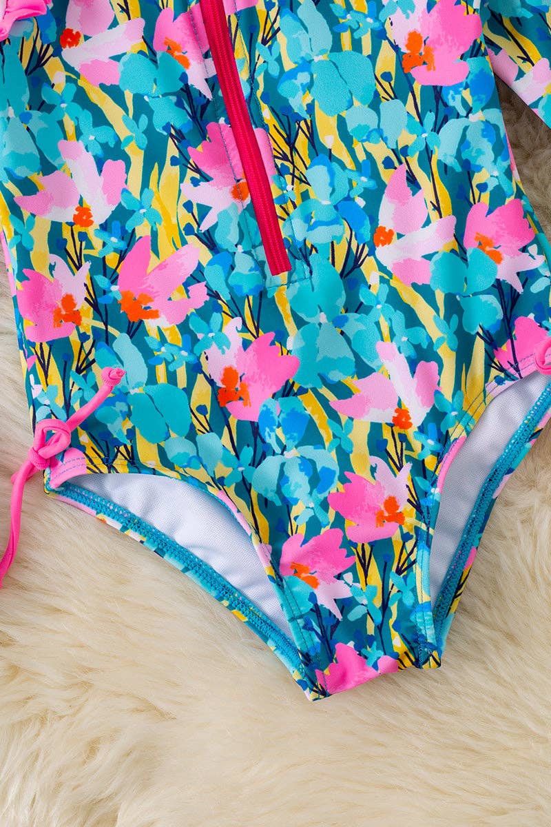 Pink & teal floral printed swimsuit w/front zipper. SWG60114 JEAN