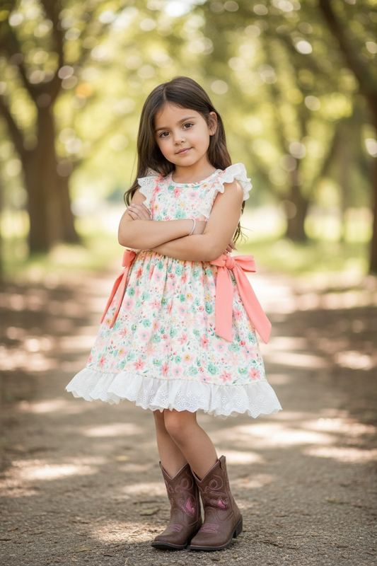 Ditsy floral printed dress with embroidered hem. DRG60209 SOL