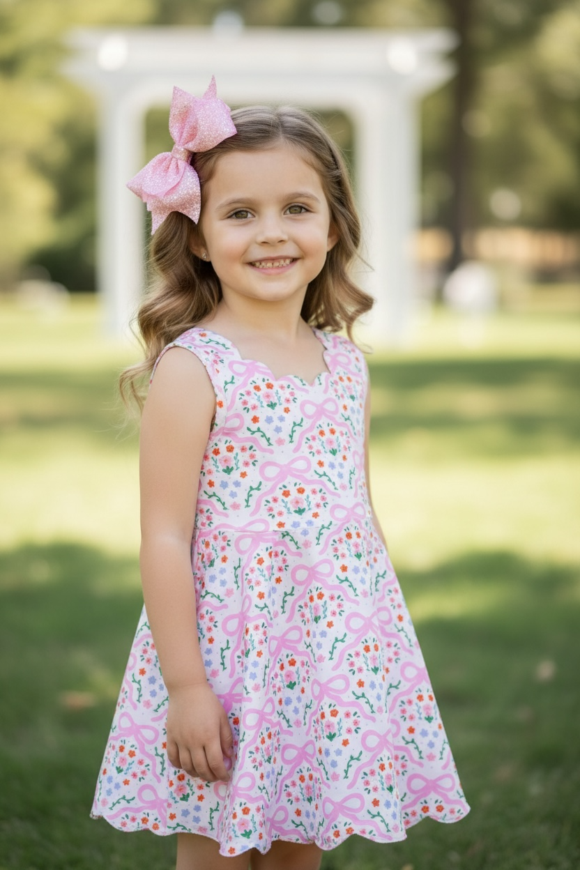 Coquette bow printed dress with scalloped hem & shorts. OFG60137 JEAN