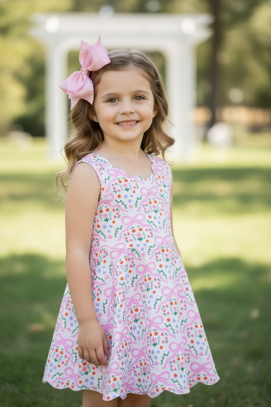 Coquette bow printed dress with scalloped hem & shorts. OFG60137 JEAN