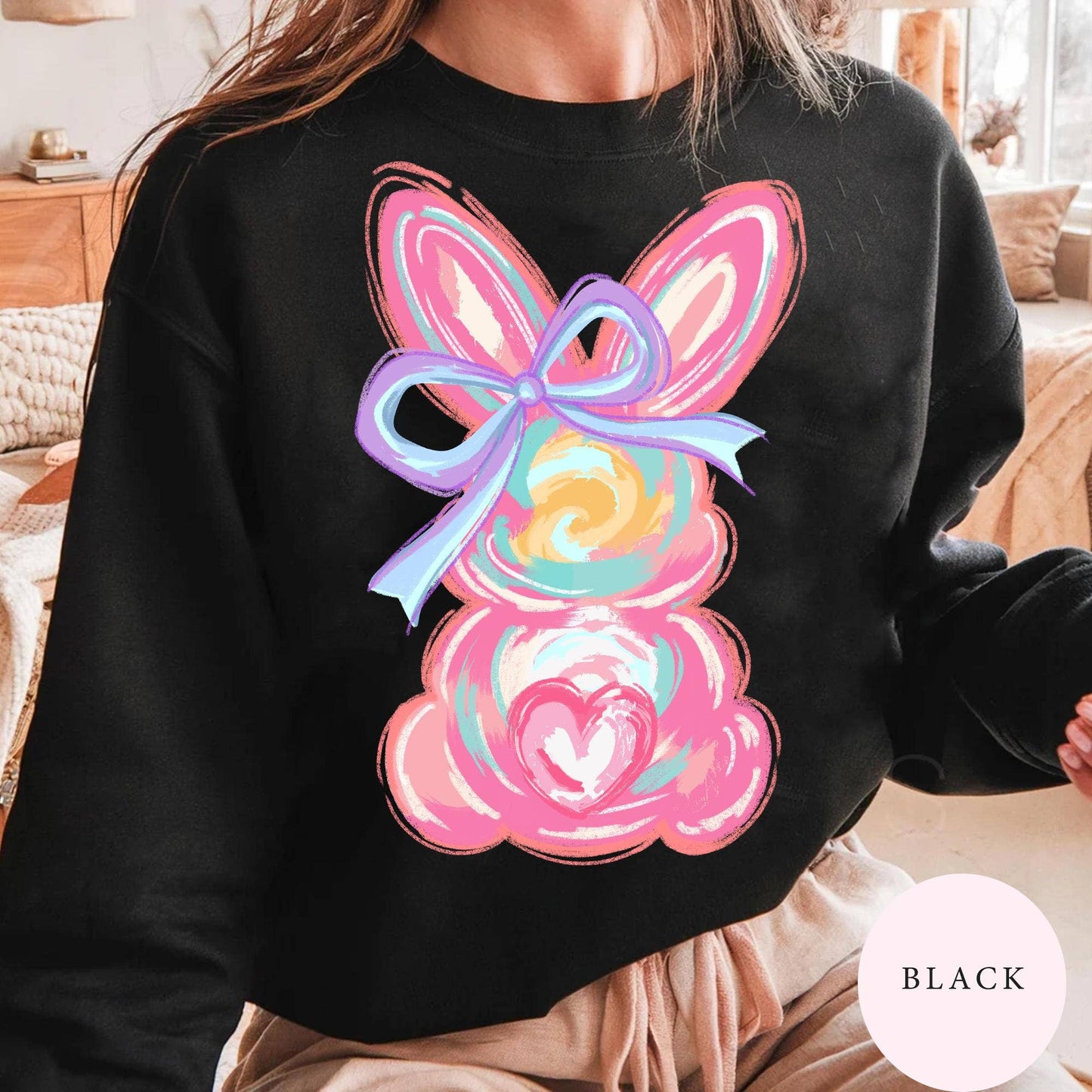 Brushstroke Bunny Easter Sweatshirt, Bunny Coquette Bow Tee