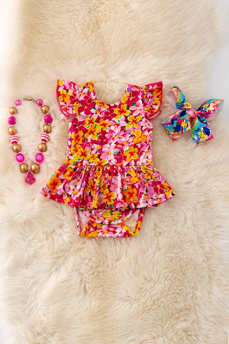 Bamboo made fuchsia & red w/yellow tone floral baby bodysuit