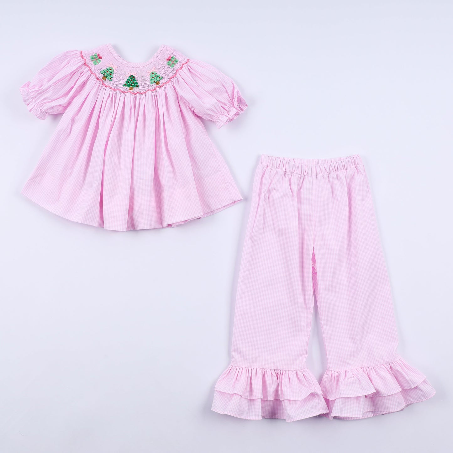 Pink christmas tree hand smocked ruffle pants set