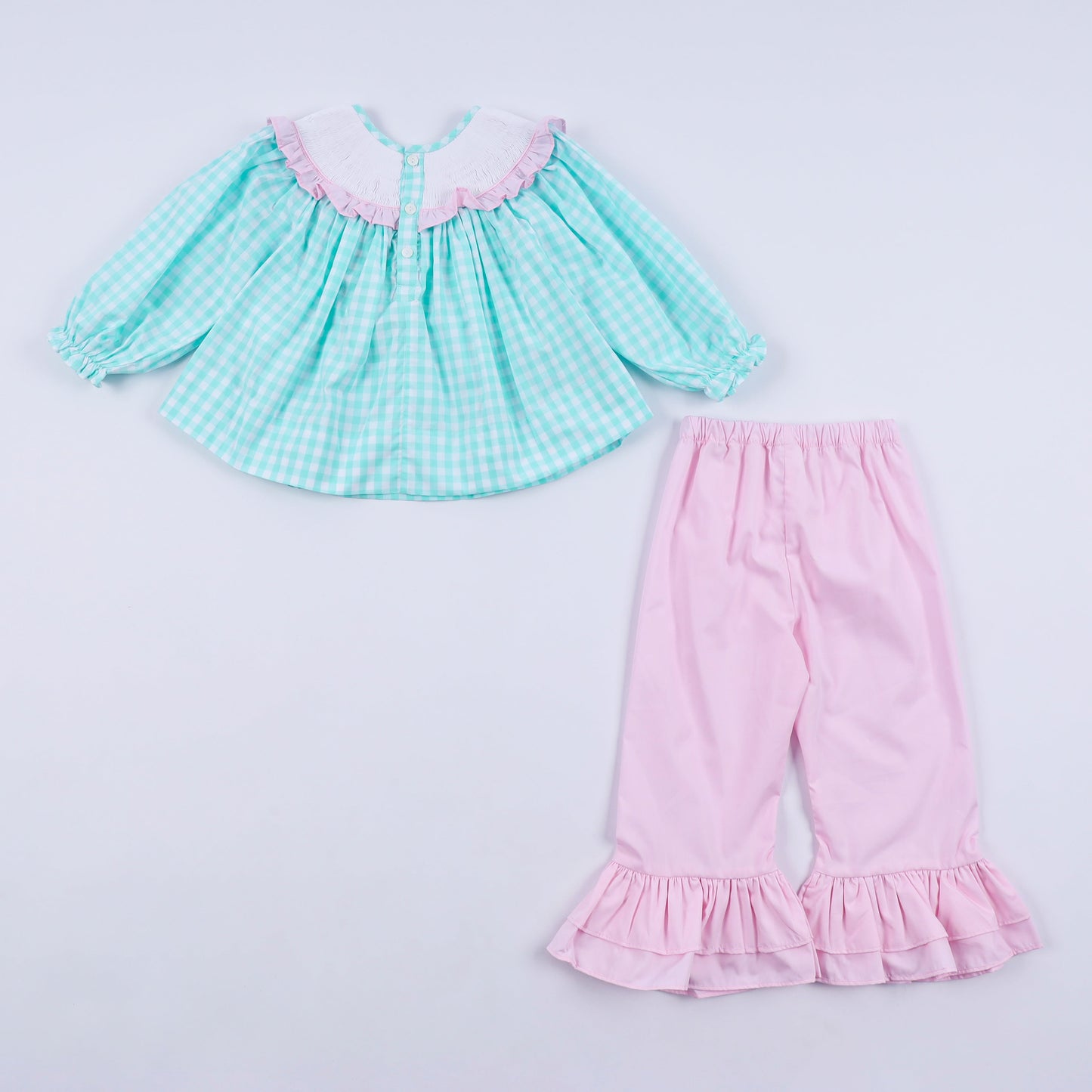 Mint christmas nutcracker hand smocked gingham ruffle pants set