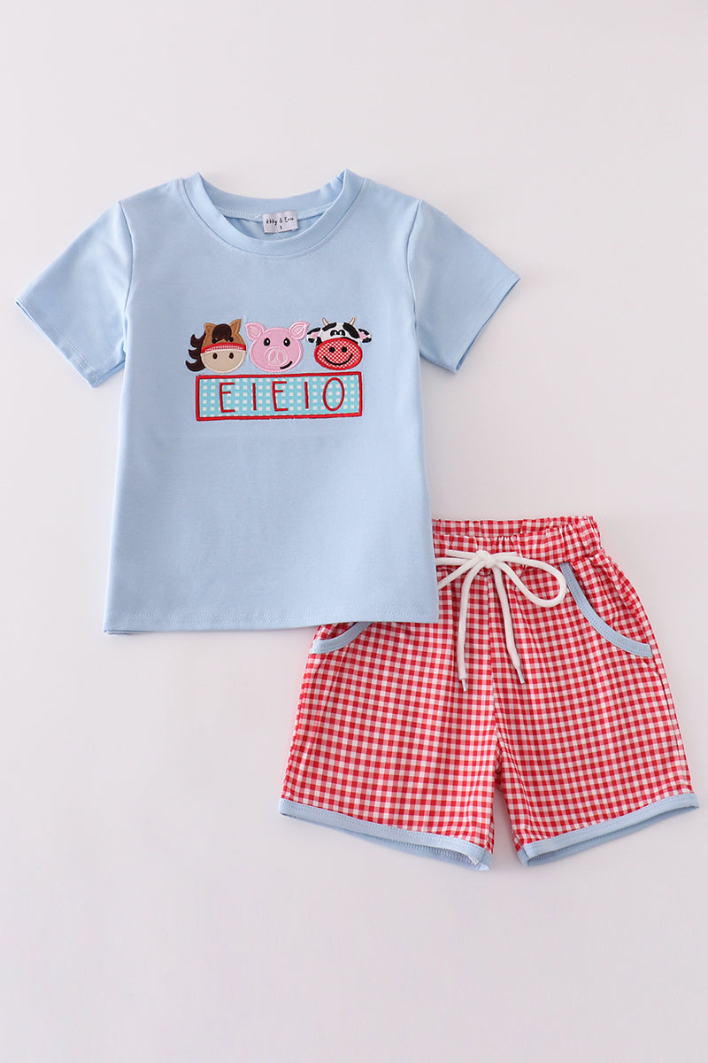 Blue farm applique boy set