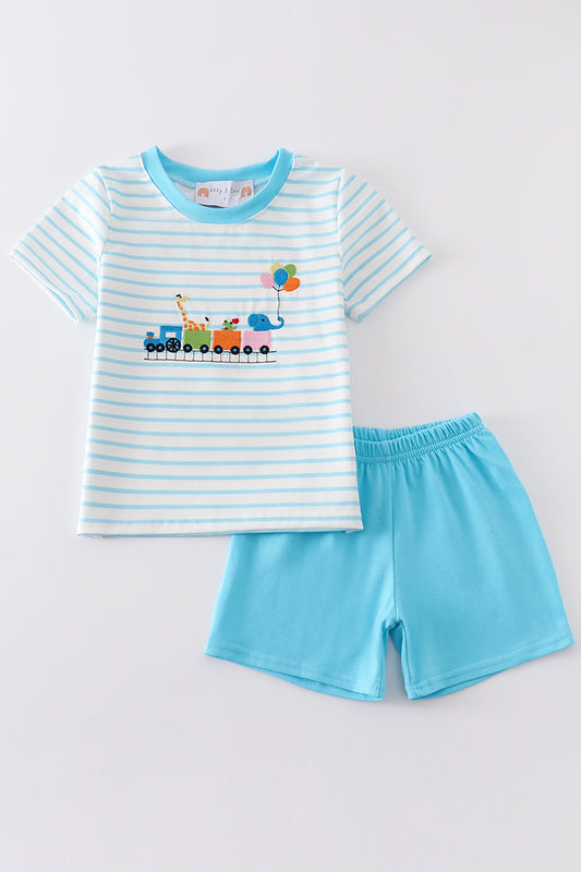 Blue farm embroidery boy set