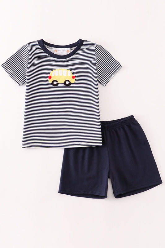 Navy bus french knot boy set