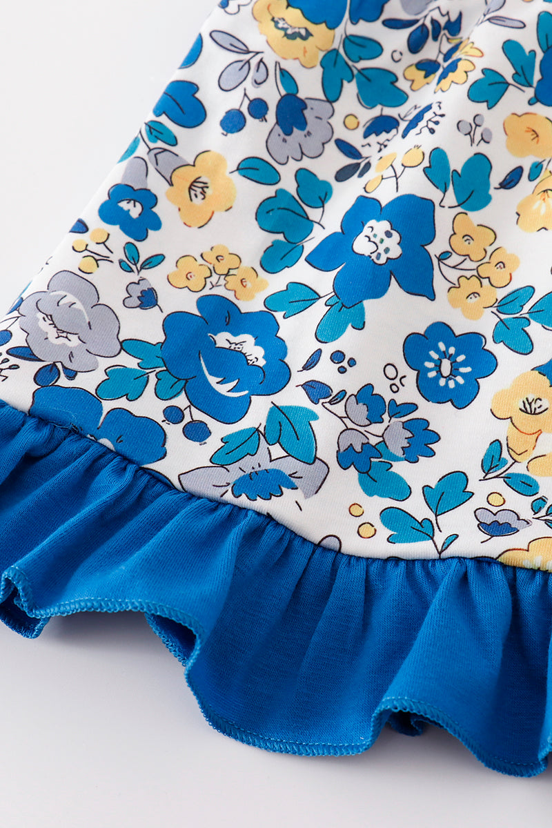 Blue floral print ruffle baby bloomers set