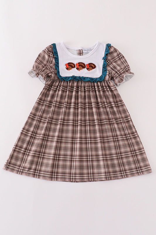 Brown plaid turkey french knot girl dress