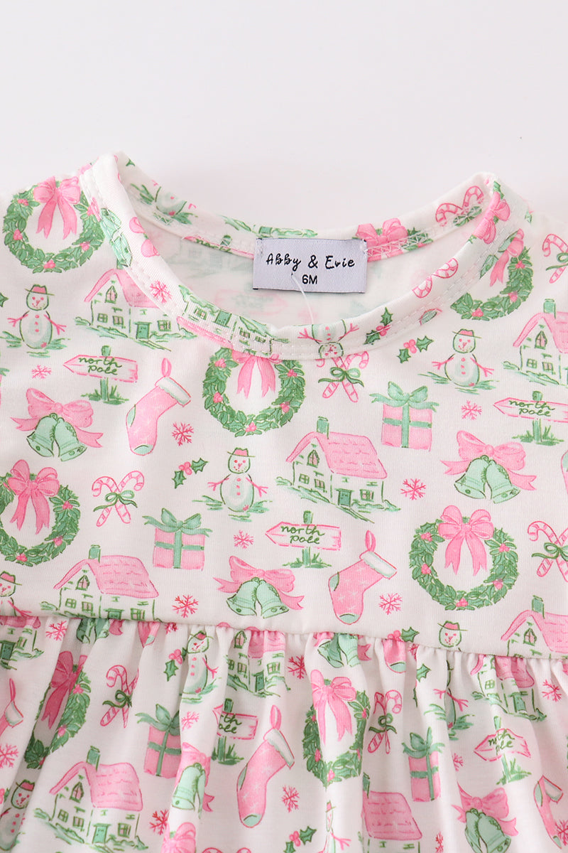 Pink watercolor christmas print baby bloomer set