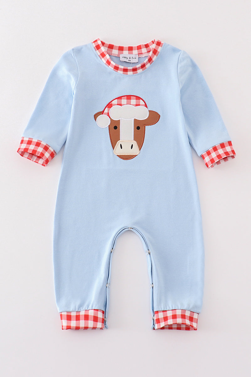 Blue christmas cow applique boy romper