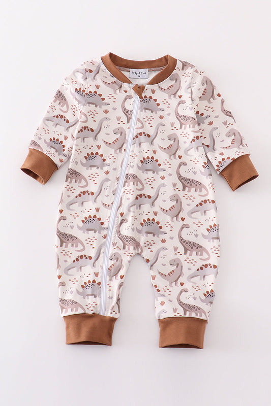 Brown dinosaur print boy romper