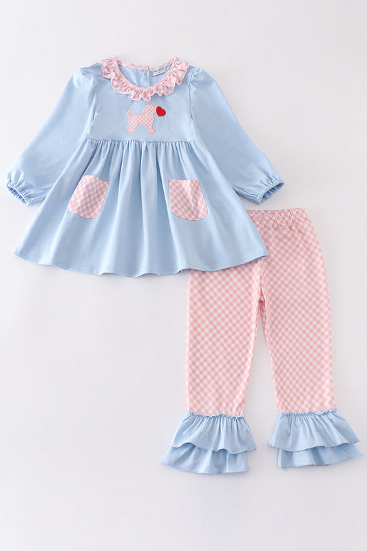 Blue valentine puppy heart applique girl set