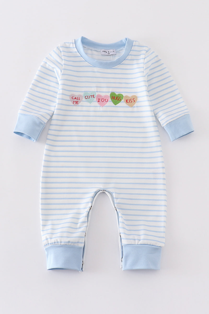 Blue stripe valentine heart embroidery boy romper