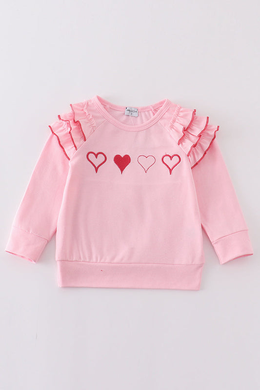 Pink valentine heart embroidery girl top