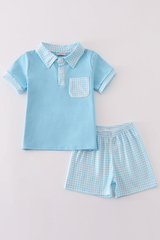 Blue gingham boy shorts set