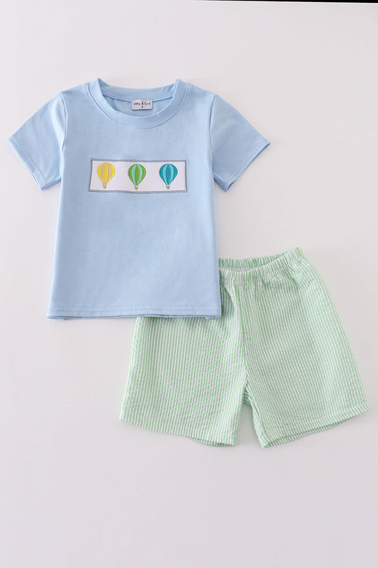 Blue hot air balloon embroidery boy set