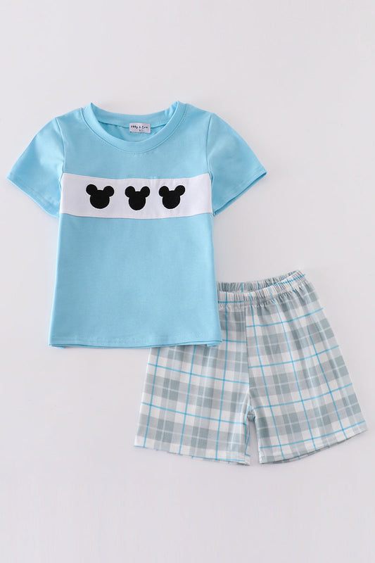 Blue plaid character embroidery boy set