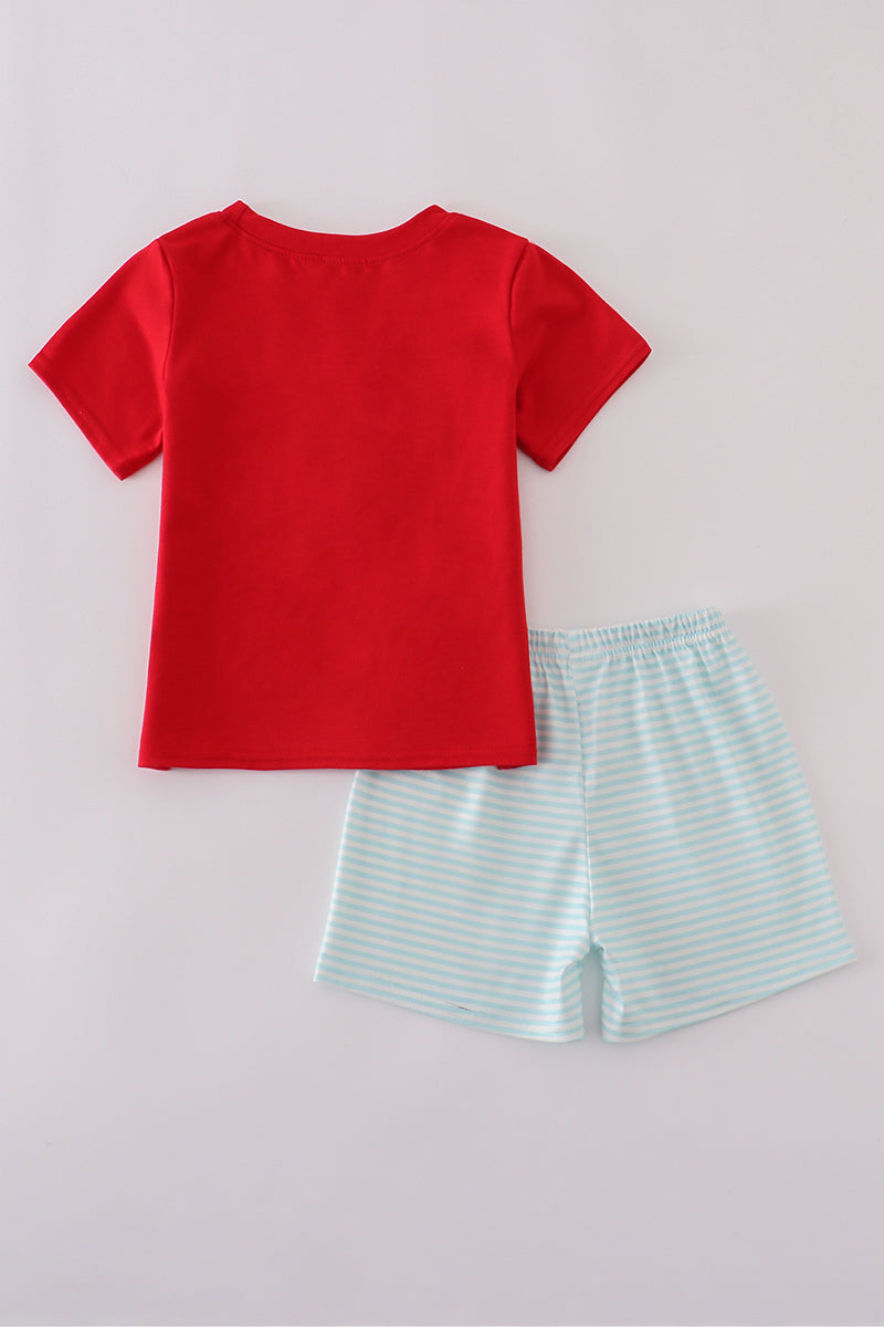 Apple pencil embroidery smocked shorts set