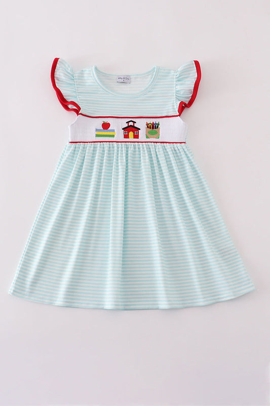 Apple pencil embroidery smocked stripe ruffle dress