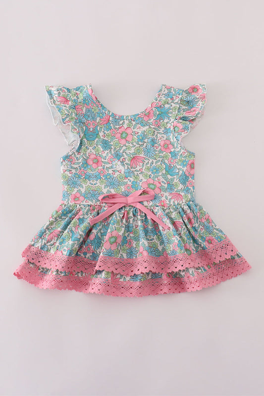 Green floral lace ruffle leotard
