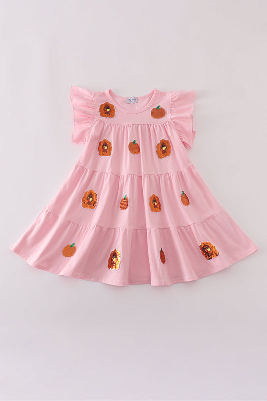 Pink turkey pumpkin sequin tiered ruffle dress
