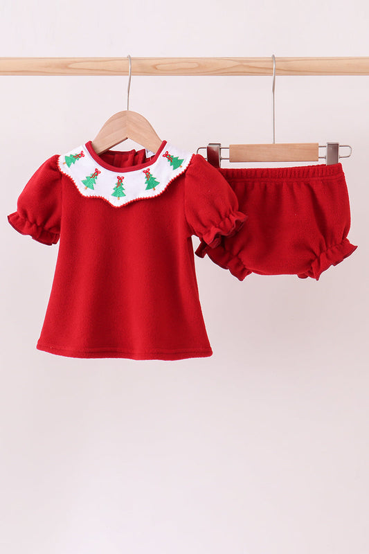 Red christmas tree embroidery fleece bloomer set