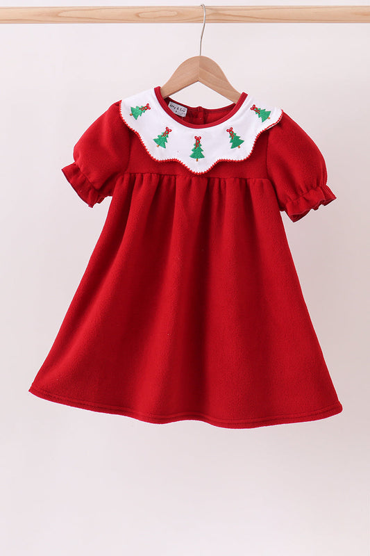 Red christmas tree embroidery fleece dress