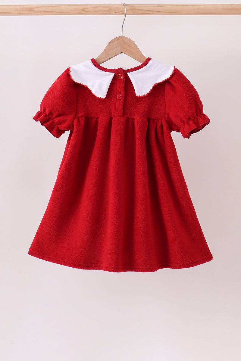 Red christmas tree embroidery fleece dress