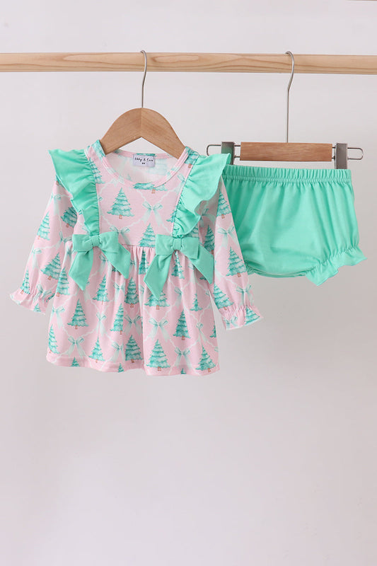 Pink christmas tree ruffle bloomer set