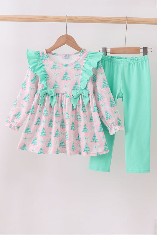 Pink christmas tree ruffle pants set