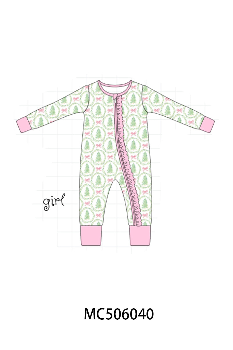 Green christmas tree bamboo zipper ruffle romper
