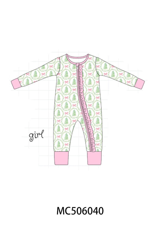 Green christmas tree bamboo zipper ruffle romper