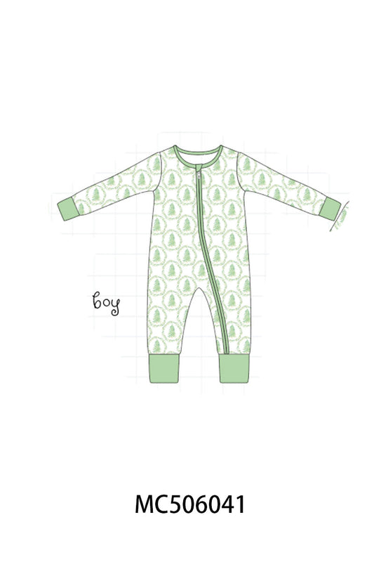 Green christmas tree bamboo zipper romper
