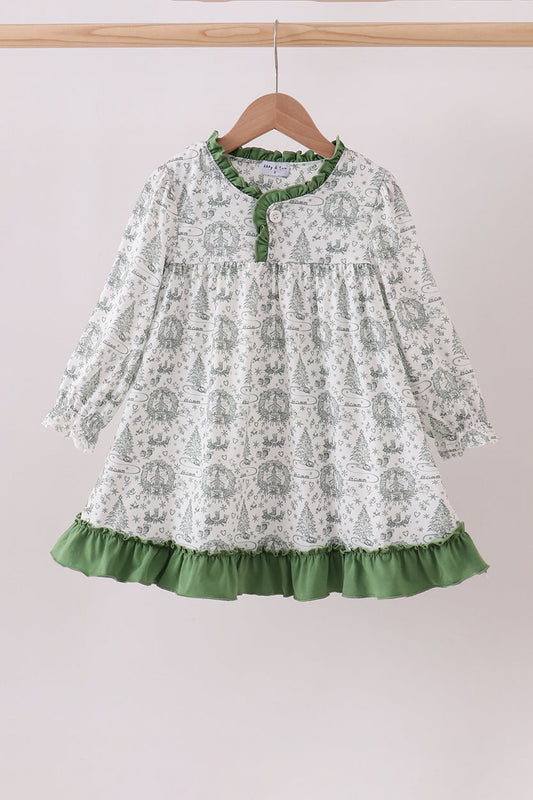 Green christmas tree print ruffle gown