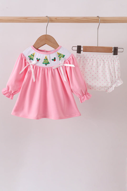 Pink christmas tree smocked bloomer set