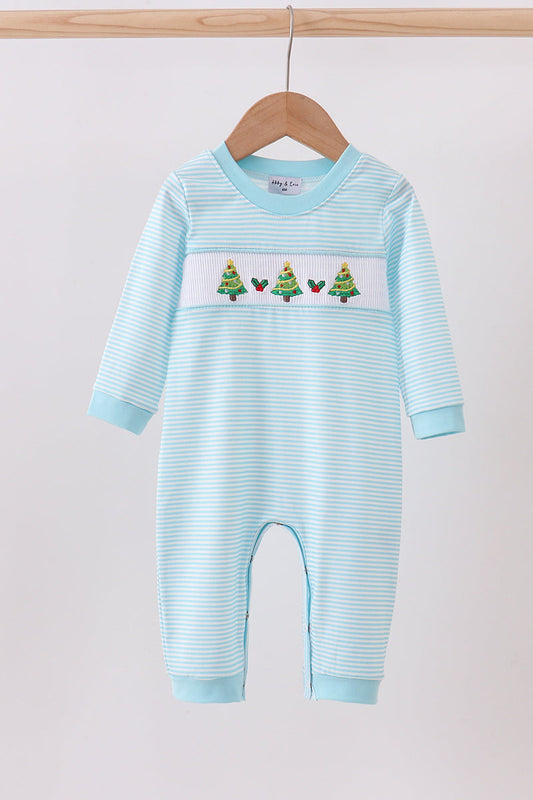 Blue stripe christmas tree smocked romper