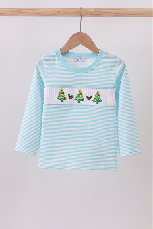 Blue stripe christmas tree smocked top